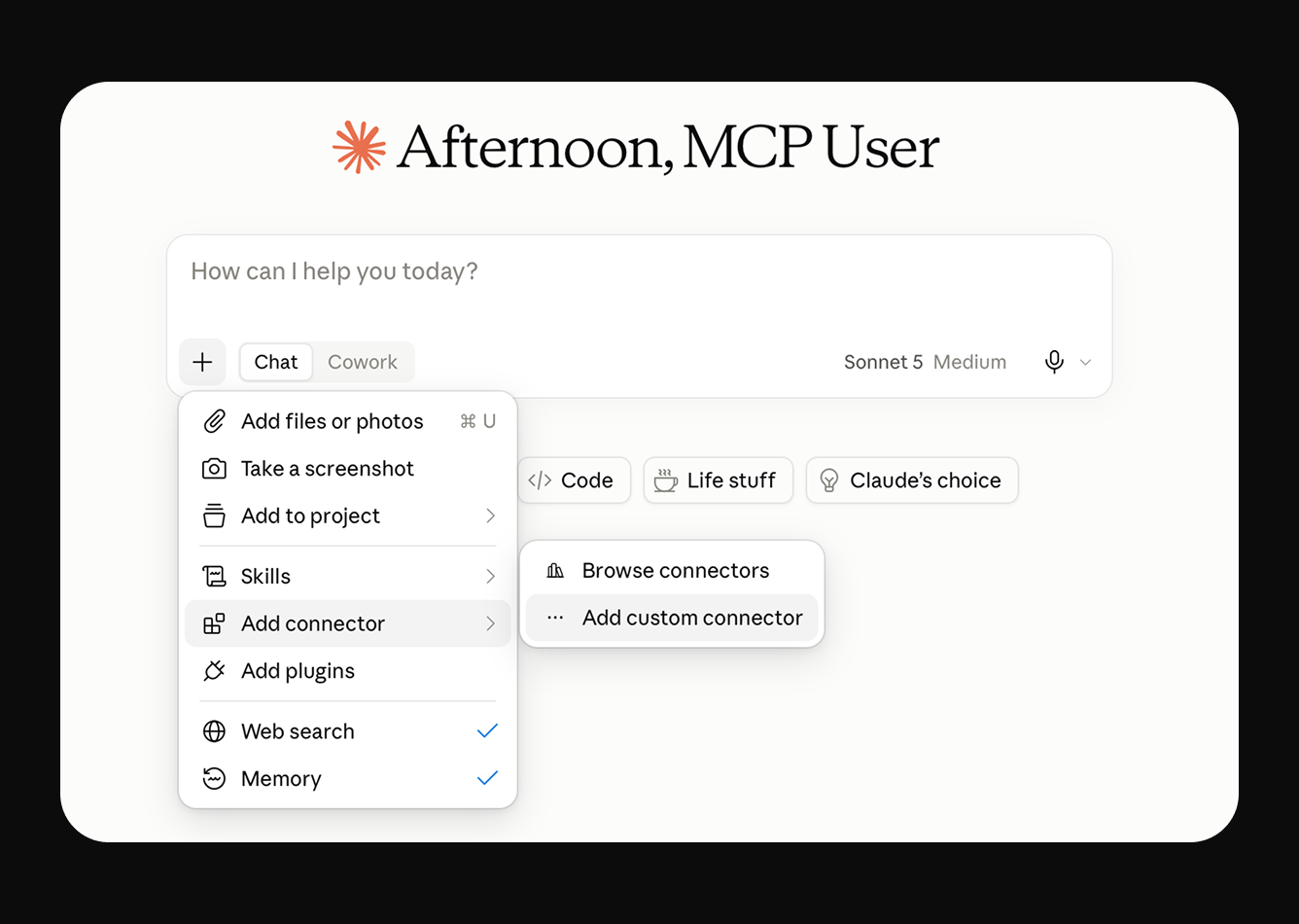 Меню Claude: Add connector, потім Add custom connector